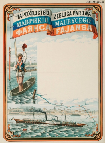 An advertisement of the Maurycy Fajans' Steamboat Company, lithography by M. Fajans (źródło: http://cyfrowe.mnw.art.pl)